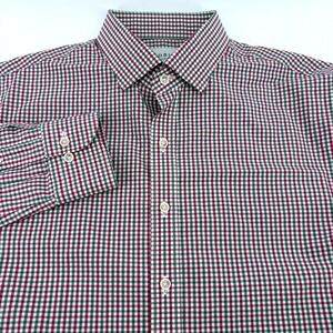 Ledbury Mens Classic Fit Gingham Button Down Shirt Green Burgundy 16.5 L
